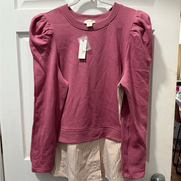 Maeve bt Anthropologie Pink Long Sleeve Top with Striped Hem NWT - Picture 1 of 3